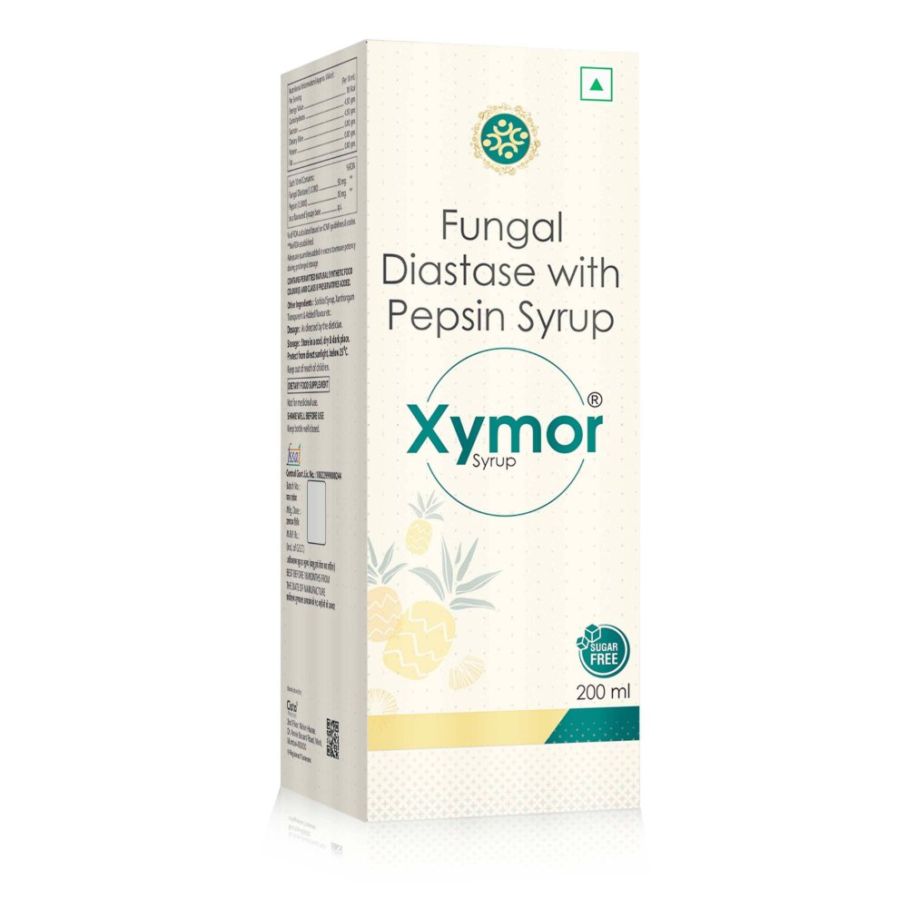 Fungal Diastase With Pepsin Syrup – Xymor 200 ML, Compositions of Fungal Diastase With Pepsin Syrup – Xymor 200 ML are Fungal Diastase 50mg & Pepsin 10mg (Enzyme Syrup), Fungal Diastase With Pepsin Syrup – Xymor 200 ML offered by CistaMedicorp