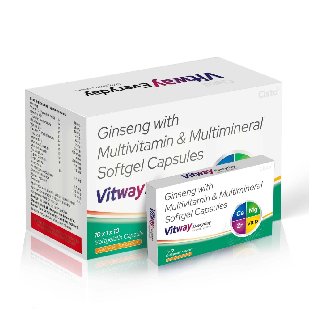 Ginseng with Multivitamin & Multimineral Softgel Capsules – Vitway Everyday, Compositions of Ginseng with Multivitamin & Multimineral Softgel Capsules – Vitway Everyday are Ginseng 10mg+Vitamin C  25mg+Niacinamide 18mg+Thiamine  Mononitrate 1.4mg+Riboflavine  1.6mg+Vitamin B6 2mg+Calcium  D.Pantothenate 2.5mg+Folic Acid  200mcg+Vitamin B12 1mcg+Vitamin A  Palmitate 200mcg+Vitamin E Acetate  10mg+Zinc Sulphate 12mg+Copper  Sulphate Pentahydrate  1.7mg+Manganese As Manganese  Sulphate 1.4mg+Chromium Chloride  50mcg+Sodium Selenate 40mcg, Ginseng with Multivitamin & Multimineral Softgel Capsules – Vitway Everyday offered by CistaMedicorp