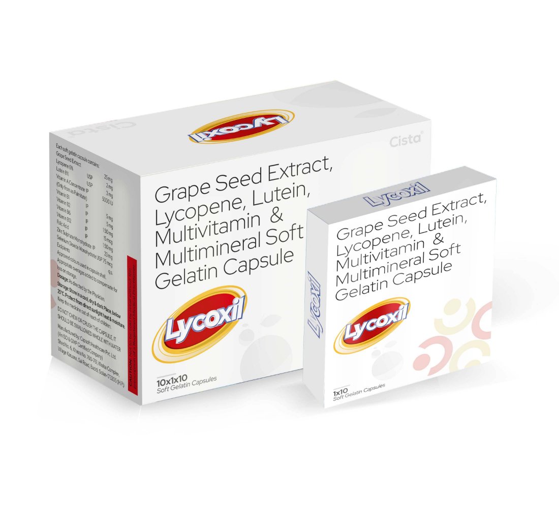 Grape Seed Extract, Lycopene, Lutein, Multivitamin & Multimineral Soft Gelatin Capsules – Lycoxil Soft Gelatin Capsules, Compositions of Grape Seed Extract, Lycopene, Lutein, Multivitamin & Multimineral Soft Gelatin Capsules – Lycoxil Soft Gelatin Capsules are Lycopene 10 % U.S.P. 2000mcg Cyanocobalamin I.P. 2.5 mcg Pyridoxine Hydrochloride I.P. 1.5 mg Niacinamide I.P. 25 mg Zinc Sulphate Monohydrate I.P. 7.5 mg Copper Sulphate Pentahydrate 1 mg Manganese Sulphate I.P. 1.5 mg Beta Carotene 30 % B.P. 10 mg Selenium Dioxide Monohydrate U.S.P. 25  mcg, Grape Seed Extract, Lycopene, Lutein, Multivitamin & Multimineral Soft Gelatin Capsules – Lycoxil Soft Gelatin Capsules offered by CistaMedicorp
