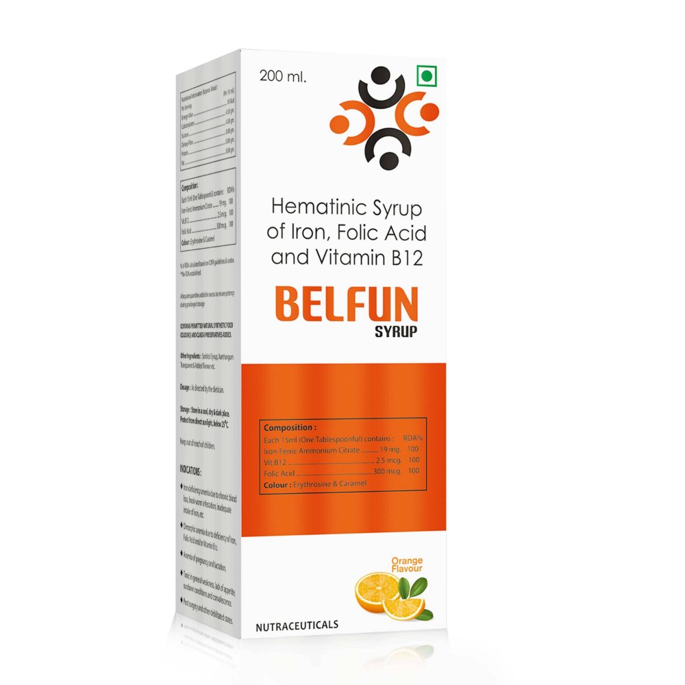 Hematinic Syrup of Iron, Folic Acid & Vitamin B12  – BELFUN Syrup, Compositions of Hematinic Syrup of Iron, Folic Acid & Vitamin B12  – BELFUN Syrup are Ferric Ammonium Citrate 2.5 mg  + Follic Acid 200 mcg + Cyanocobalamin 7.5mcg (Same as DEXORANGE), Hematinic Syrup of Iron, Folic Acid & Vitamin B12  – BELFUN Syrup offered by CistaMedicorp