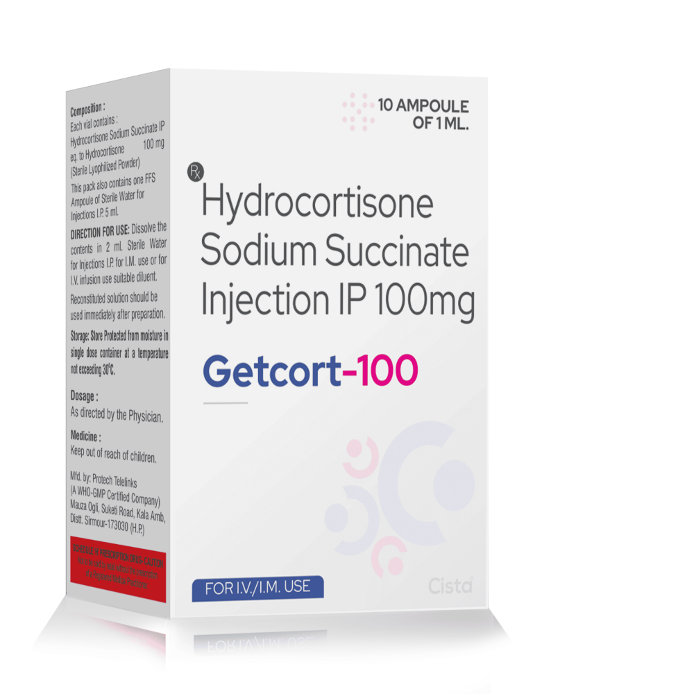Hydrocortisone Sodium Succinate Injection IP – Getcort 100 – Cista Medicorp, Compositions of Hydrocortisone Sodium Succinate Injection IP – Getcort 100 – Cista Medicorp are Hydrocortisone 100 mg, Hydrocortisone Sodium Succinate Injection IP – Getcort 100 – Cista Medicorp offered by CistaMedicorp