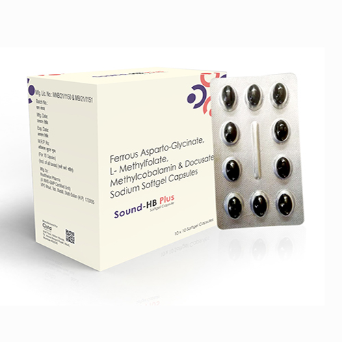 Sound HB  Plus Soft Gelatin Capsules with Ferrous Aspartoglycinate 100 mg + LMethylfolate 300 mg + Methylcobalamin  500 mg + Docosate Sodium 100 mg 