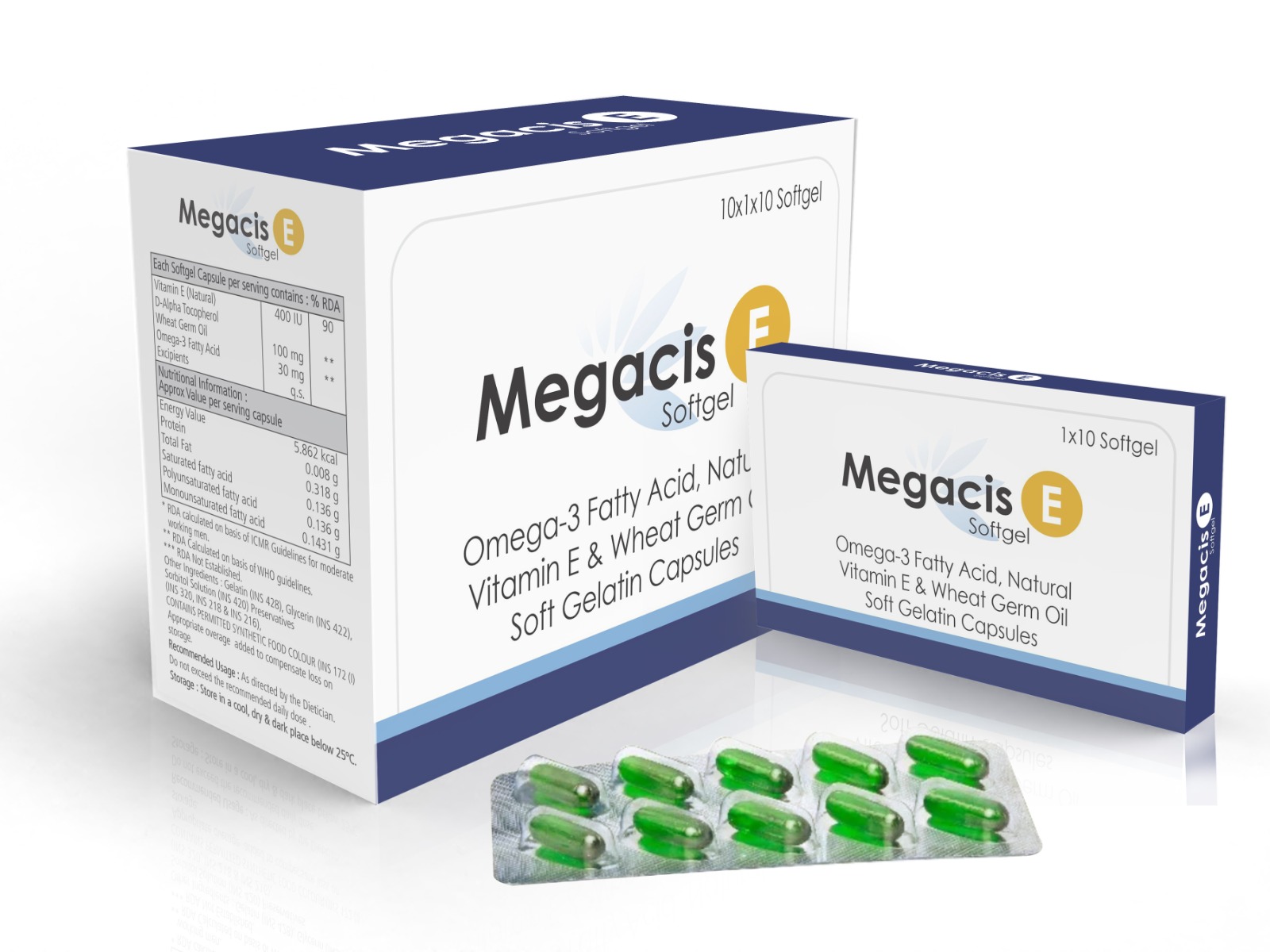 Megacis E Soft Gelatin with Vitamin E , Omega 3, Fatty Acid & Wheat  Germ Oil 