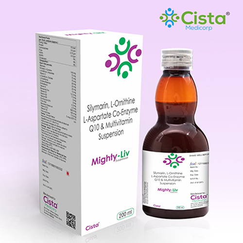 Mighty Liv Suspension with Silymarin 140 mg + N-Acetyl Cysteine LCysteine 75 mg + LOLA 75 mg + Vitamin  C 75 mg + L Carnitine 50 mg + LGlutathione 25 mg + Choline Bitartrate  25 mg + D-Panthenol 15 mg + Vitamin E  12.5 mg + Zinc 7.5 mg + Vitamin B1, B2,  B6, B12 + Coenzyme Q10 2.5 mg + Folic  Acid 500 mcg + Selenium 100 mg +  Vitamin D3 200 IU 