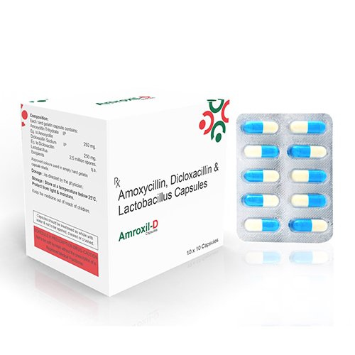 Amroxil D Capsules with Amoxycillin 250 mg + Dicloxacillin 250  mg Lactid Acid Bacillus 2.5 Million  Spores 