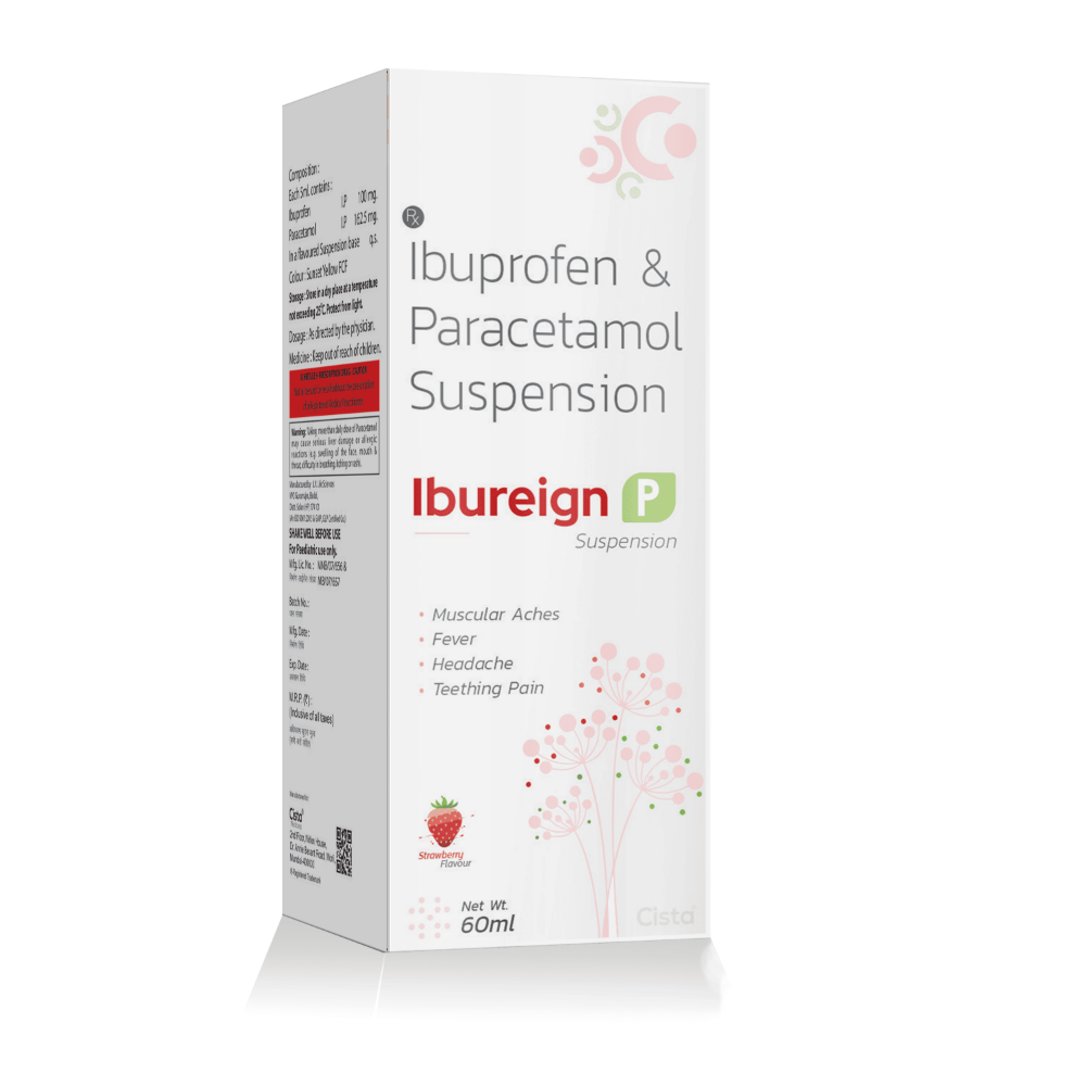 Ibuprofen & Paracetamol Suspension – IBUREIGN-P Suspension, Compositions of Ibuprofen & Paracetamol Suspension – IBUREIGN-P Suspension are Ibuprofen 100 mg + Paracetamol  162.5 mg with strawberry, Ibuprofen & Paracetamol Suspension – IBUREIGN-P Suspension offered by CistaMedicorp