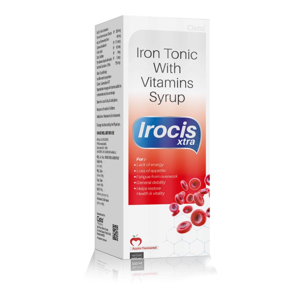Iron Tonic with Vitamin Syrup – Irocis Xtra, Compositions of Iron Tonic with Vitamin Syrup – Irocis Xtra are Ferric Ammonium Citrate 160mg Eq. to elemental iron 32 mg + Folic Acid 0.5mg+ Vit. B12 7.5mcg (Apple flavoured)										, Iron Tonic with Vitamin Syrup – Irocis Xtra offered by CistaMedicorp