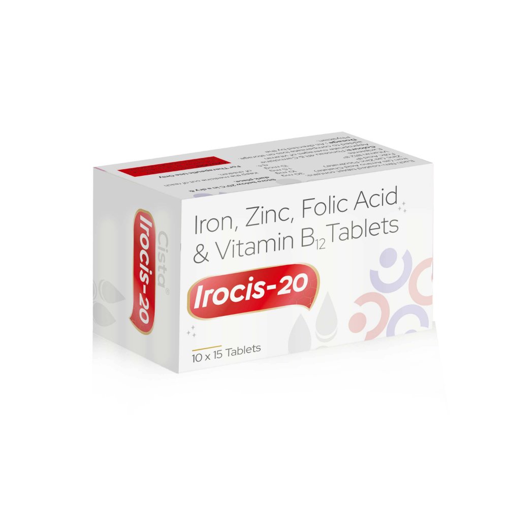 Iron, Zinc, Folic Acid & Vitamin B12 Tablets – IROCIS 20 Tablets, Compositions of Iron, Zinc, Folic Acid & Vitamin B12 Tablets – IROCIS 20 Tablets are Each Film Coated contains :- Iron (As Amino acid Chelate ) 30mg+ Zinc (as Zinc picolinate) 10mg+Folic Acid 1.5mg+ Vitamin B12 15mcg, Iron, Zinc, Folic Acid & Vitamin B12 Tablets – IROCIS 20 Tablets offered by CistaMedicorp