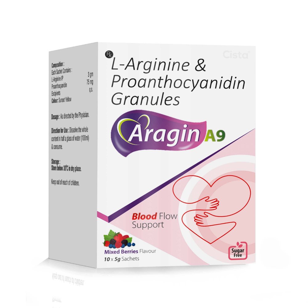 L-Arginine & Proanthocyanidin Granules Sachets (Mixed Berries Flavour) – Aragin A9 (Mixed Berries Flavour), Compositions of L-Arginine & Proanthocyanidin Granules Sachets (Mixed Berries Flavour) – Aragin A9 (Mixed Berries Flavour) are L-Arginine BP 3gm + Proanthocyanidin 75mg (MIXED BERRIES FLAVOUR), L-Arginine & Proanthocyanidin Granules Sachets (Mixed Berries Flavour) – Aragin A9 (Mixed Berries Flavour) offered by CistaMedicorp