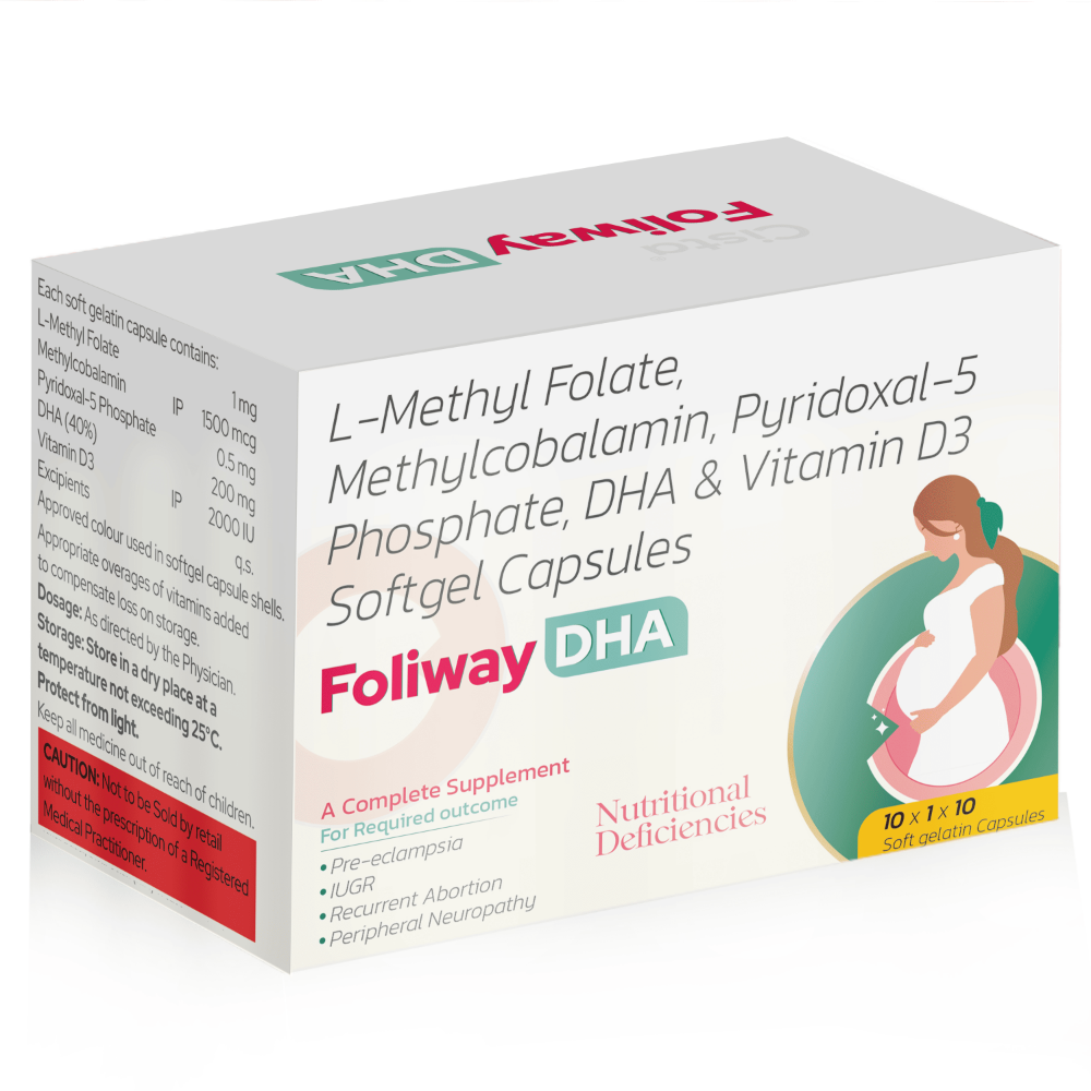 L-Methylfolate Methylcobalamin Pyridoxal-5-Phosphate DHA Vitamin D3 Softgel Capsules – Foliway DHA, Compositions of L-Methylfolate Methylcobalamin Pyridoxal-5-Phosphate DHA Vitamin D3 Softgel Capsules – Foliway DHA are L-Methylfolate 1 mg + Docosahexaen oic Acid (DHA) 40 % 200 mg + Pyridoxal-5 Phosphate 0.5 mg+ Methylcobala min 1500 mcg + Vitamin D3 2000 IUExcipients q.s, L-Methylfolate Methylcobalamin Pyridoxal-5-Phosphate DHA Vitamin D3 Softgel Capsules – Foliway DHA offered by CistaMedicorp