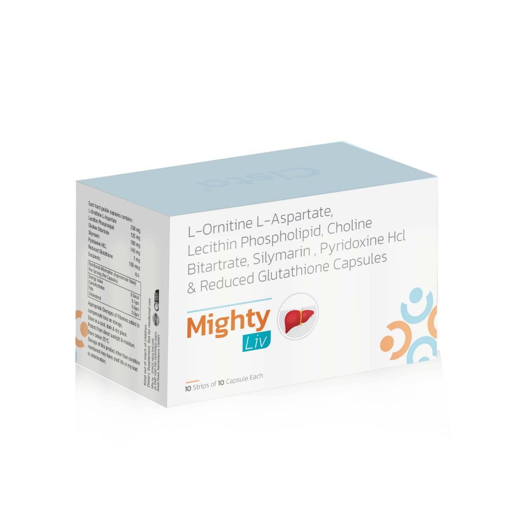 L-Ornithine L-Aspartate Lecithin Phospholipid Choline Bitartrate Silymarin Pyridoxine HCL & Reduced Glutathione Capsules – Mighty Liv Capsules, Compositions of L-Ornithine L-Aspartate Lecithin Phospholipid Choline Bitartrate Silymarin Pyridoxine HCL & Reduced Glutathione Capsules – Mighty Liv Capsules are Lola 250mg+ Lecithin Phospholipid  125mg+ Choline Bitartate 100 mg+  Silymarin 140mg+ Pyridoxine HCl 1mg+  Reduced Glutathione 100mcg, L-Ornithine L-Aspartate Lecithin Phospholipid Choline Bitartrate Silymarin Pyridoxine HCL & Reduced Glutathione Capsules – Mighty Liv Capsules offered by CistaMedicorp