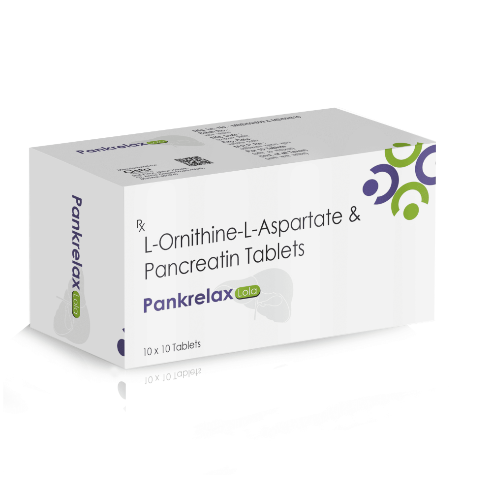 L-Ornithine L-Aspartate & Pancreatin Tablets – Pankrelax  LOLA, Compositions of L-Ornithine L-Aspartate & Pancreatin Tablets – Pankrelax  LOLA are L-Ornithine & L-Aspartate 150 mg +  Pancreatin 100mg, L-Ornithine L-Aspartate & Pancreatin Tablets – Pankrelax  LOLA offered by CistaMedicorp