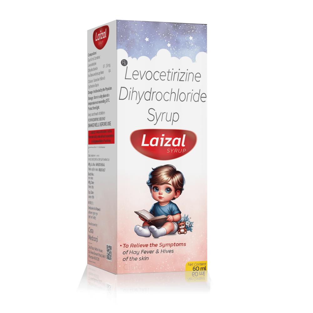 Levocetirizine Dihydrochloride Syrup – Laizal Syrup, Compositions of Levocetirizine Dihydrochloride Syrup – Laizal Syrup are Levocetirizine 2.5mg/5 ml, Levocetirizine Dihydrochloride Syrup – Laizal Syrup offered by CistaMedicorp