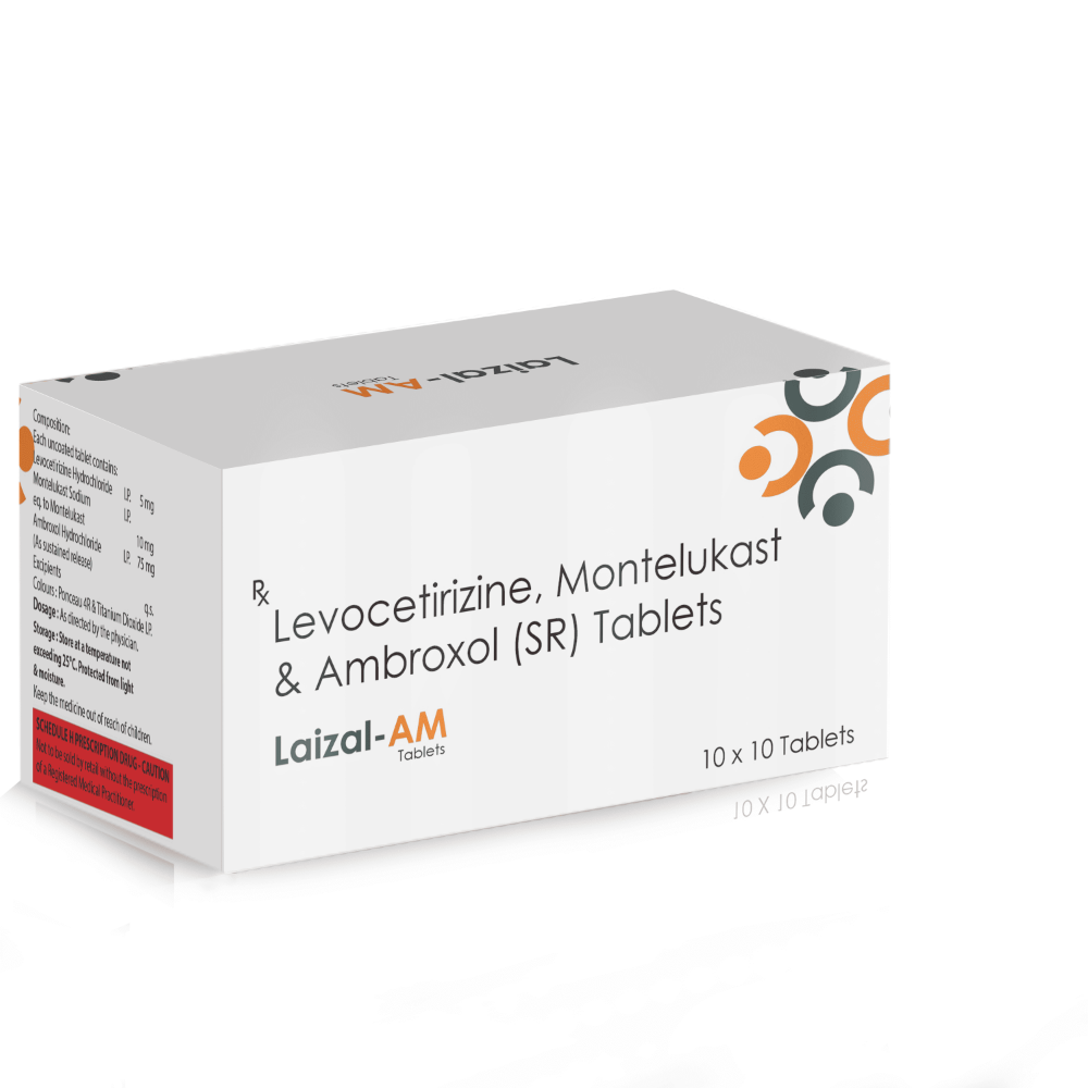 Levocetirizine, Montelukast & Ambroxol (SR) Tablets – Laizal-AM, Compositions of Levocetirizine, Montelukast & Ambroxol (SR) Tablets – Laizal-AM are Levocetirizine 5mg + Montelukast  10mg+ Ambroxol 75mg, Levocetirizine, Montelukast & Ambroxol (SR) Tablets – Laizal-AM offered by CistaMedicorp