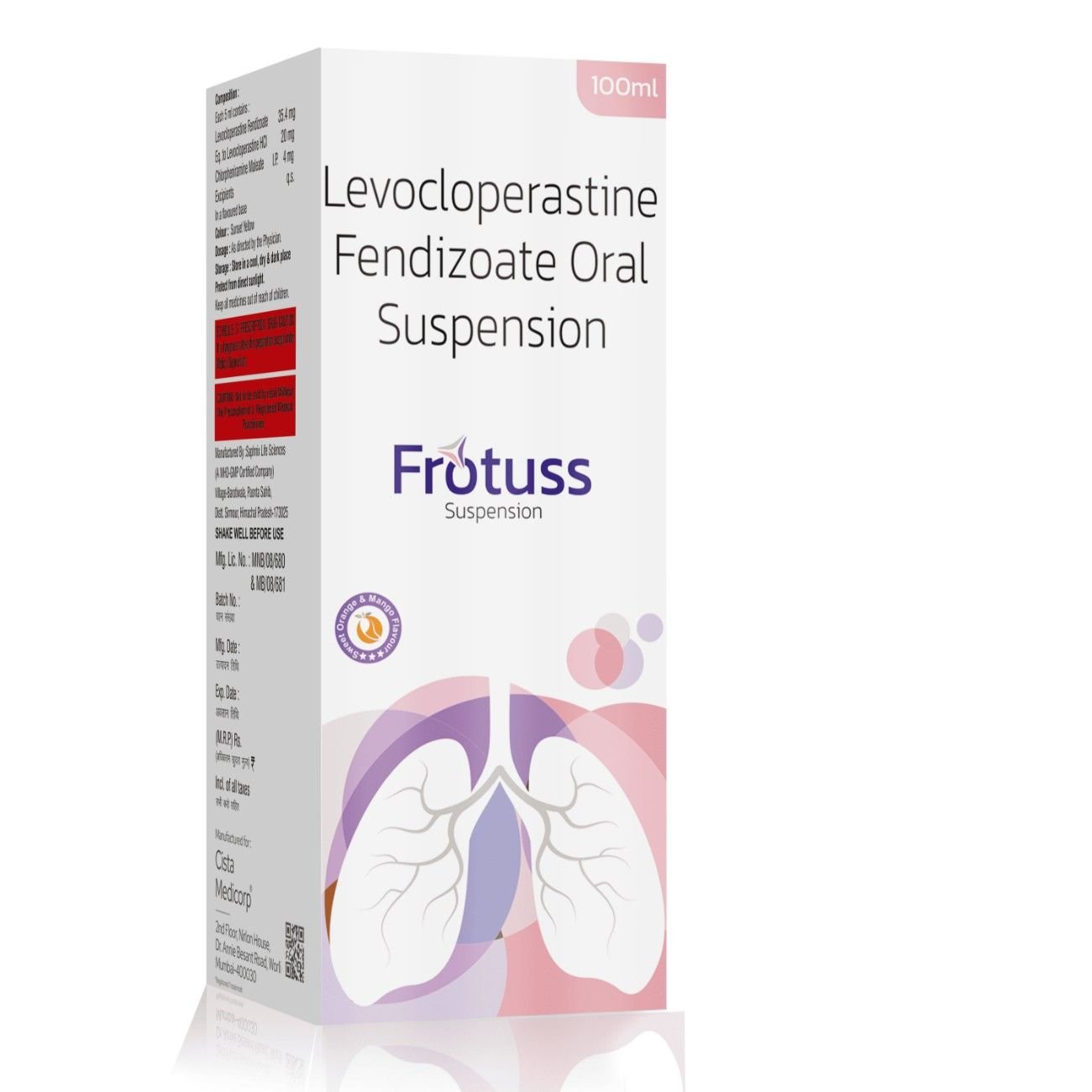 Levocloperastine Fendizoate Oral Suspension – Frotuss, Compositions of Levocloperastine Fendizoate Oral Suspension – Frotuss are Levocloperasatine 20 mg, Levocloperastine Fendizoate Oral Suspension – Frotuss offered by CistaMedicorp