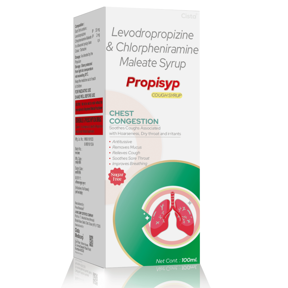 Levodropropizine & Chlorpheniramine Maleate Syrup – Propisyp Syrup, Compositions of Levodropropizine & Chlorpheniramine Maleate Syrup – Propisyp Syrup are Levodropropizine 30 mg +  Chlorpheniramine 2 mg, Levodropropizine & Chlorpheniramine Maleate Syrup – Propisyp Syrup offered by CistaMedicorp