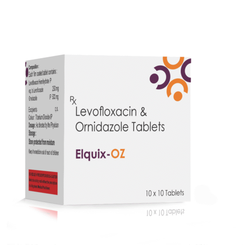 Levofloxacin & Ornidazole Tablets – Elquix OZ, Compositions of Levofloxacin & Ornidazole Tablets – Elquix OZ are Levofloxacin 250mg + Ornidazole 500  mg, Levofloxacin & Ornidazole Tablets – Elquix OZ offered by Cista Medicorp