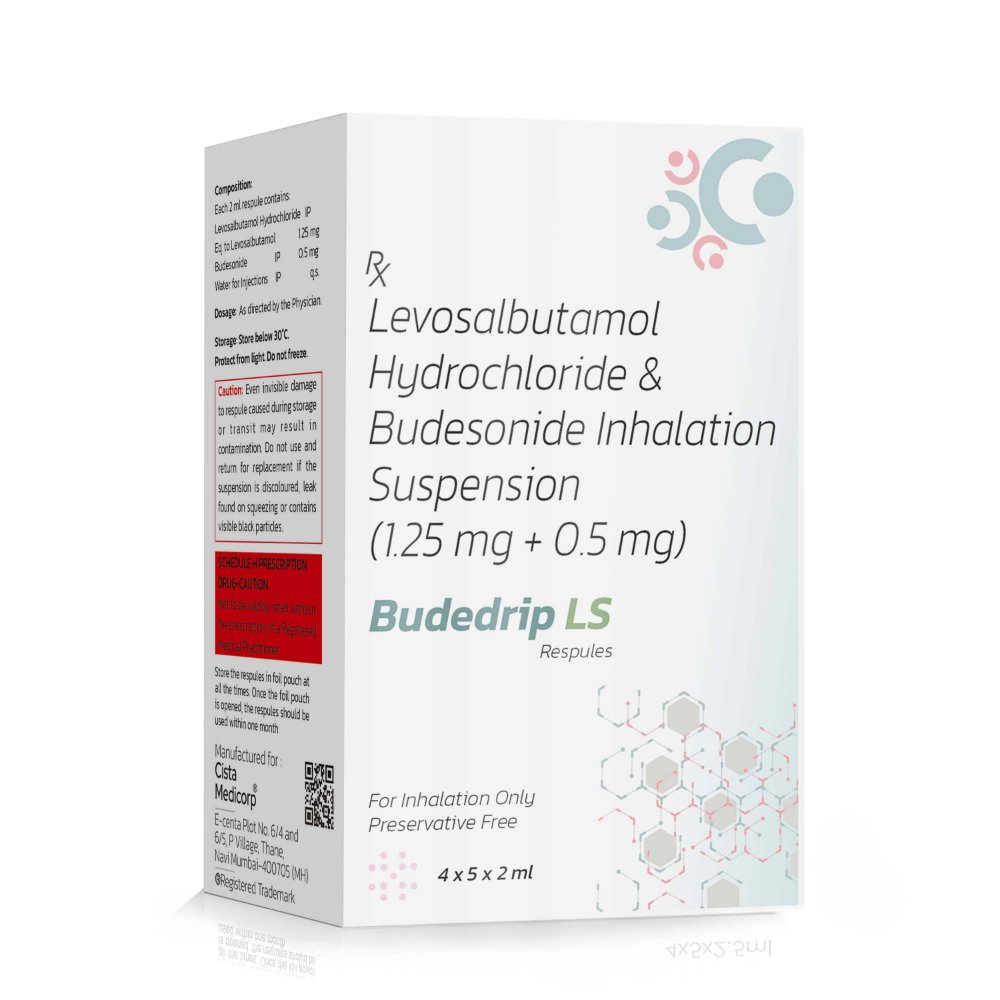 Levosalbutamol Hydrochloride & Budesonide Inhalation Suspension – Budedrip LS Respules, Compositions of Levosalbutamol Hydrochloride & Budesonide Inhalation Suspension – Budedrip LS Respules are Budesonide 0.5mg Levosulpiride1.25mg, Levosalbutamol Hydrochloride & Budesonide Inhalation Suspension – Budedrip LS Respules offered by CistaMedicorp