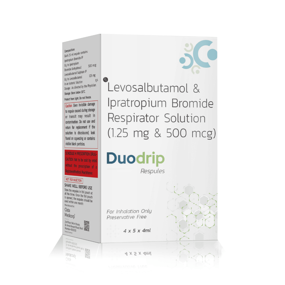 Levosalbutamol Ipratropium Bromide Respirator Solution – Duodrip Respules, Compositions of Levosalbutamol Ipratropium Bromide Respirator Solution – Duodrip Respules are Levosulbutamol 1.25mg+ Ipratropium  500mcg, Levosalbutamol Ipratropium Bromide Respirator Solution – Duodrip Respules offered by CistaMedicorp
