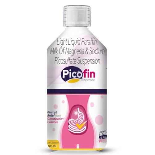 Light Liquid Paraffin, Milk of Magnesia & Sodium Picosulfate Suspension – Picofin 170 ML, Compositions of Light Liquid Paraffin, Milk of Magnesia & Sodium Picosulfate Suspension – Picofin 170 ML are Liquid Paraffin 1.25 ml + Milk of Magnesia 3.75 ml + Sodium Picosulfate 3.33mg, Light Liquid Paraffin, Milk of Magnesia & Sodium Picosulfate Suspension – Picofin 170 ML offered by Cista Medicorp