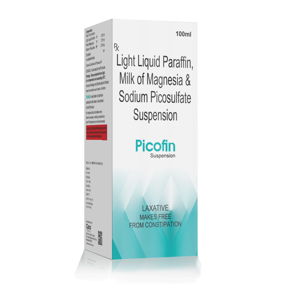 Light Liquid Paraffin, Milk of Magnesia & Sodium Picosulfate Suspension – Picofin Suspension, Compositions of Light Liquid Paraffin, Milk of Magnesia & Sodium Picosulfate Suspension – Picofin Suspension are Liquid Paraffin 1.25 ml + Milk of Magnesia 3.75 ml + Sodium Picosulfate 3.33mg, Light Liquid Paraffin, Milk of Magnesia & Sodium Picosulfate Suspension – Picofin Suspension offered by CistaMedicorp
