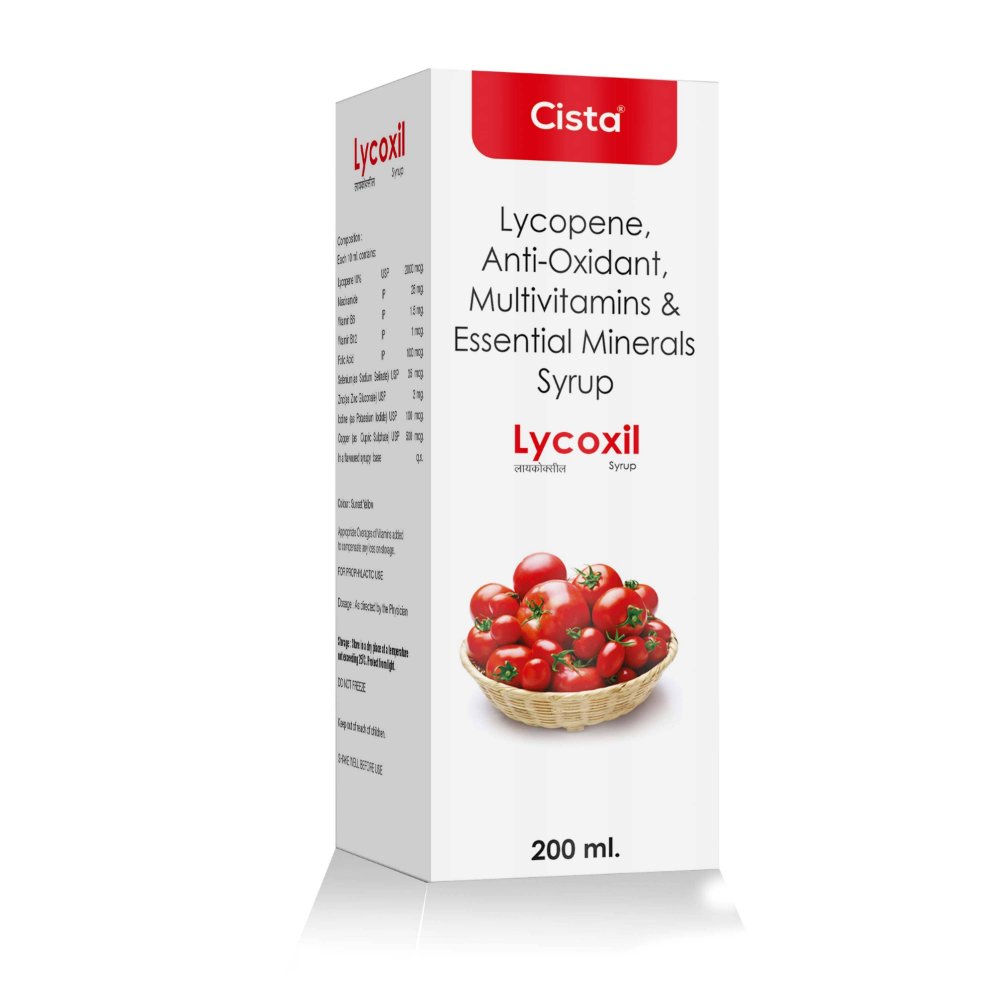 Lycopene Antioxidant Multivitamin & Essential Minerals Syrup – Lycoxil Syrup, Compositions of Lycopene Antioxidant Multivitamin & Essential Minerals Syrup – Lycoxil Syrup are Lycopene with Vit.A,Vit. C, Vit E & Selenium, Lycopene Antioxidant Multivitamin & Essential Minerals Syrup – Lycoxil Syrup offered by CistaMedicorp