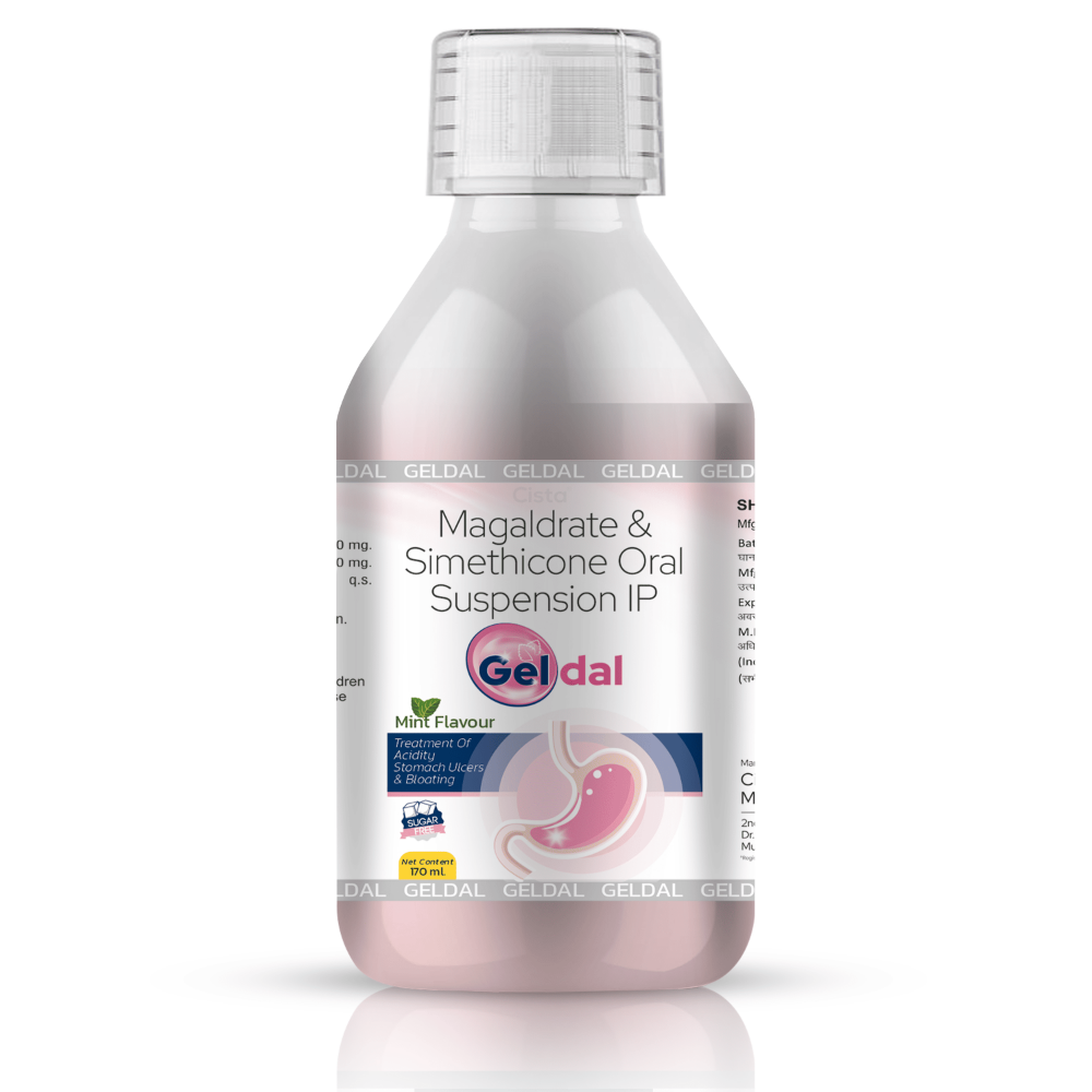 Magaldrate & Simethicone Oral Suspension IP – GELDAL (MINT FLAVOUR), Compositions of Magaldrate & Simethicone Oral Suspension IP – GELDAL (MINT FLAVOUR) are Magaldrate 480 MG + Simethacone 20  MG, Magaldrate & Simethicone Oral Suspension IP – GELDAL (MINT FLAVOUR) offered by CistaMedicorp