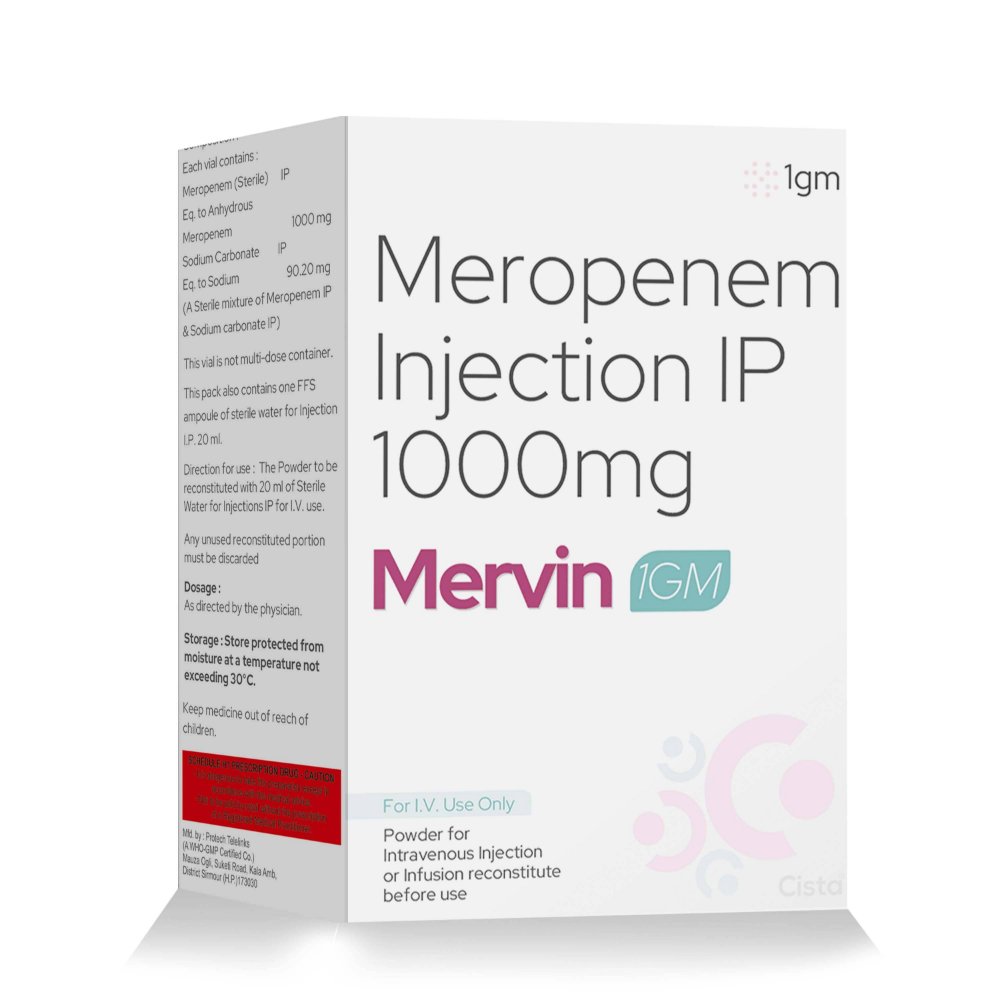 Meropenem Injection IP 1 GM – Mervin 1000, Compositions of Meropenem Injection IP 1 GM – Mervin 1000 are Meropenem 1gm, Meropenem Injection IP 1 GM – Mervin 1000 offered by CistaMedicorp