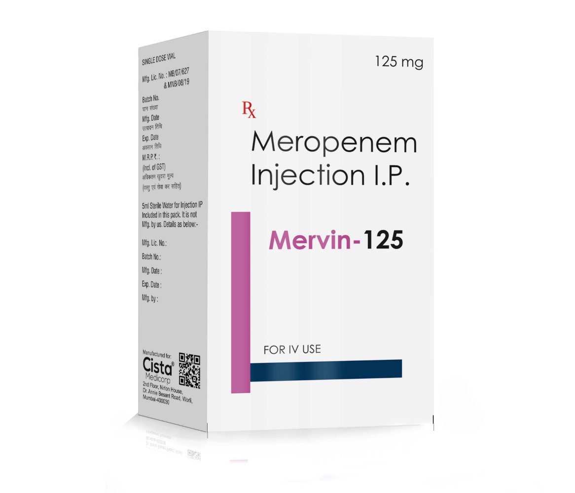Meropenem Injection IP 125 Mg – Mervin 125, Compositions of Meropenem Injection IP 125 Mg – Mervin 125 are Meropenem 125mg, Meropenem Injection IP 125 Mg – Mervin 125 offered by CistaMedicorp