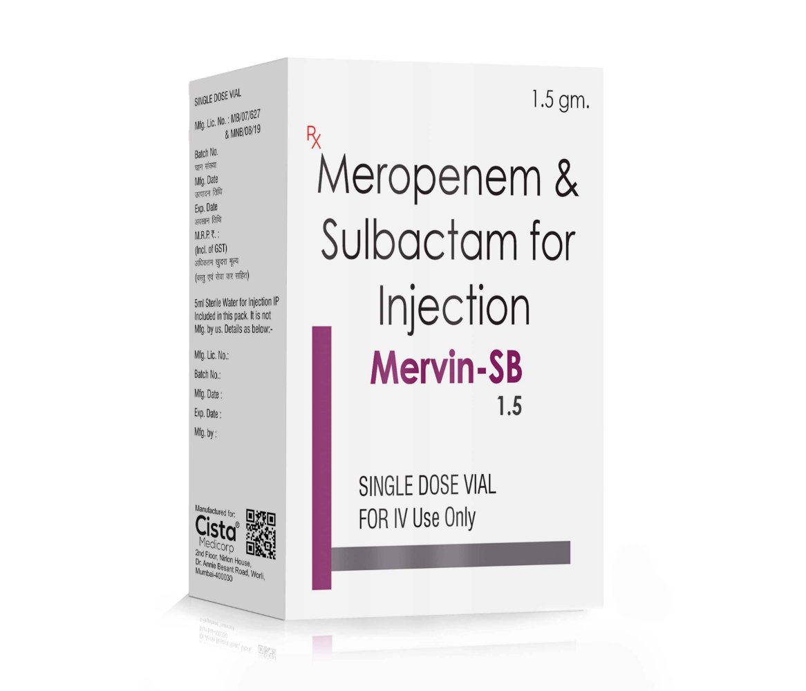Meropenem Sulbactam Injection 1.5 Gm – Mervin-SB- 1.5, Compositions of Meropenem Sulbactam Injection 1.5 Gm – Mervin-SB- 1.5 are Meropenem 1gm+Sulbactum500 mg, Meropenem Sulbactam Injection 1.5 Gm – Mervin-SB- 1.5 offered by CistaMedicorp