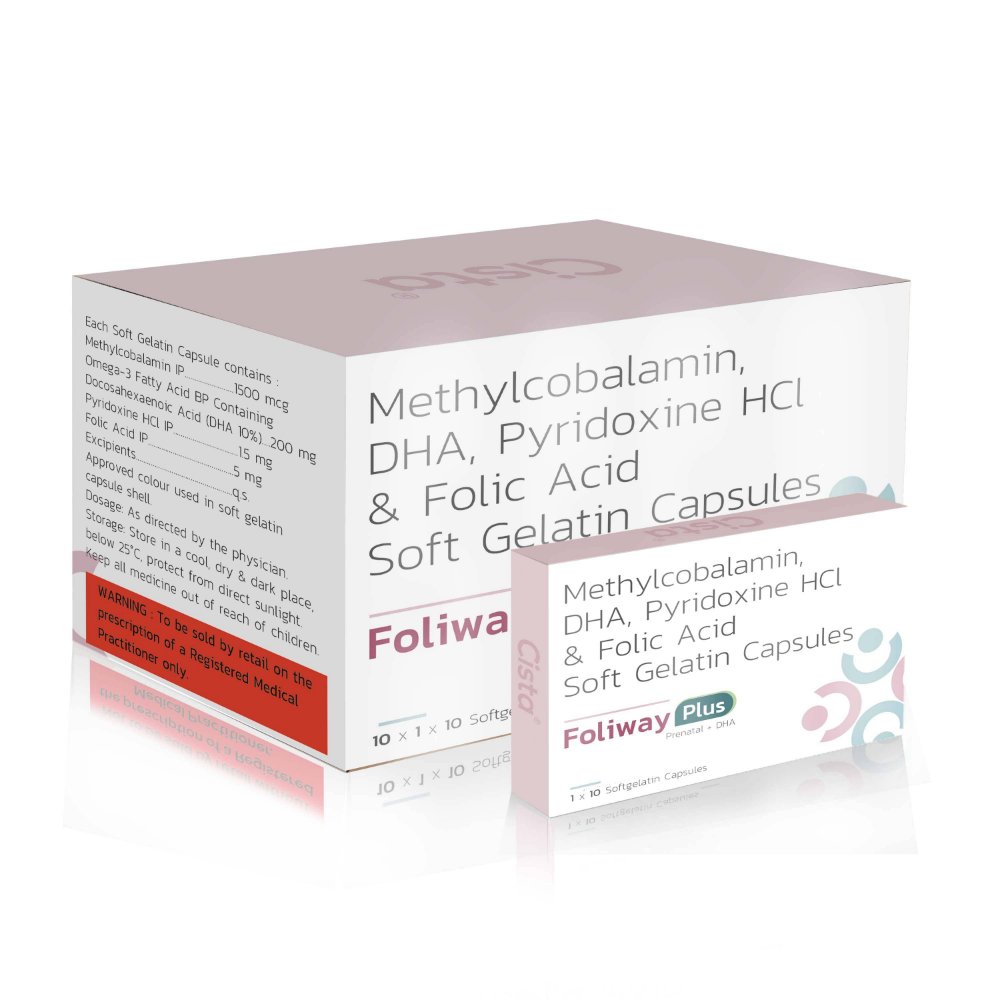 Methylcobalamin DHA Pyridoxine HCl & Folic Acid Soft Gelatin Capsules – Foliway Plus, Compositions of Methylcobalamin DHA Pyridoxine HCl & Folic Acid Soft Gelatin Capsules – Foliway Plus are Methylcobalamin IP 1500 mcg + Docosahexaenoic Acid 40% 200mg + Pyridoxine HCL 1.5mg + Folic Acid IP 5 mg, Methylcobalamin DHA Pyridoxine HCl & Folic Acid Soft Gelatin Capsules – Foliway Plus offered by CistaMedicorp