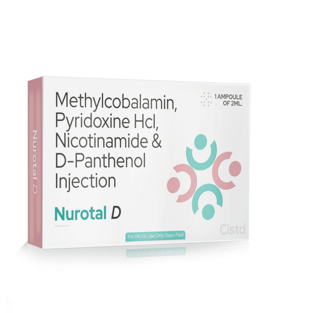 Methylcobalamin, Niacinamide, Pyridoxine HCl & D-Panthenol Injection – Nurotal -D Injection, Compositions of Methylcobalamin, Niacinamide, Pyridoxine HCl & D-Panthenol Injection – Nurotal -D Injection are Methylcobalamin 1000 mcg + Pyridoxine  100 mg + Nicotinamide 100 mg + DPanthenol 50mg+ Benzyl Alcohol 2%, Methylcobalamin, Niacinamide, Pyridoxine HCl & D-Panthenol Injection – Nurotal -D Injection offered by CistaMedicorp