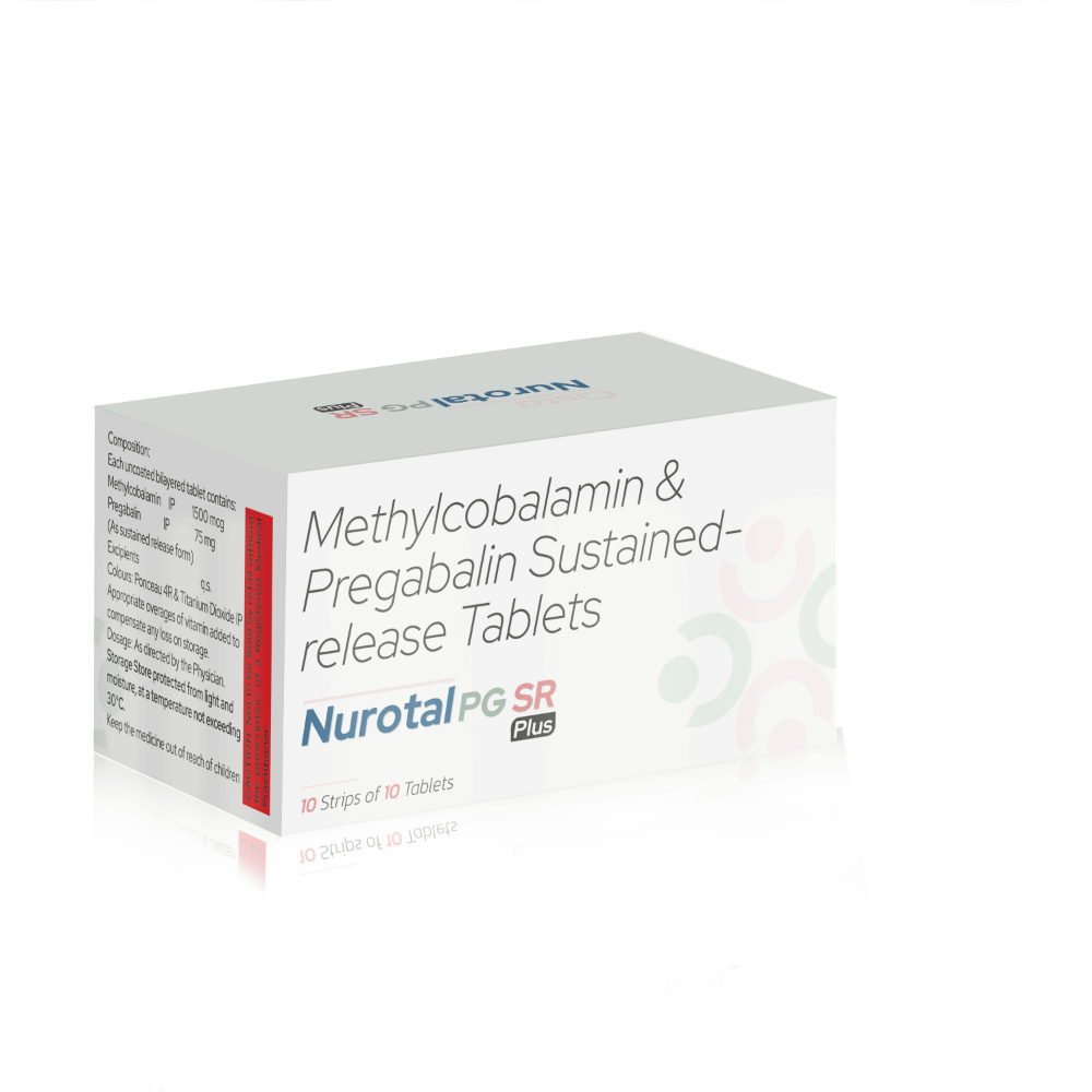 Methylcobalamin & Pregabalin Sustained Release Tablets – Nurotal PG SR Plus, Compositions of Methylcobalamin & Pregabalin Sustained Release Tablets – Nurotal PG SR Plus are Pregabalin 75 Mg (SR)+  Methylcobalamin 1500 Mcg, Methylcobalamin & Pregabalin Sustained Release Tablets – Nurotal PG SR Plus offered by CistaMedicorp