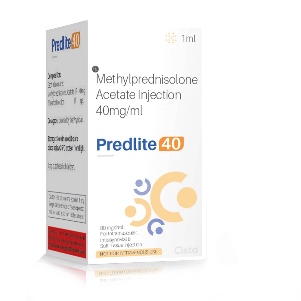 Methylprednisolone Acetate Injection 40 Mg – Predlite 40, Compositions of Methylprednisolone Acetate Injection 40 Mg – Predlite 40 are Methylprednisolone Acetate 40 mg, Methylprednisolone Acetate Injection 40 Mg – Predlite 40 offered by CistaMedicorp