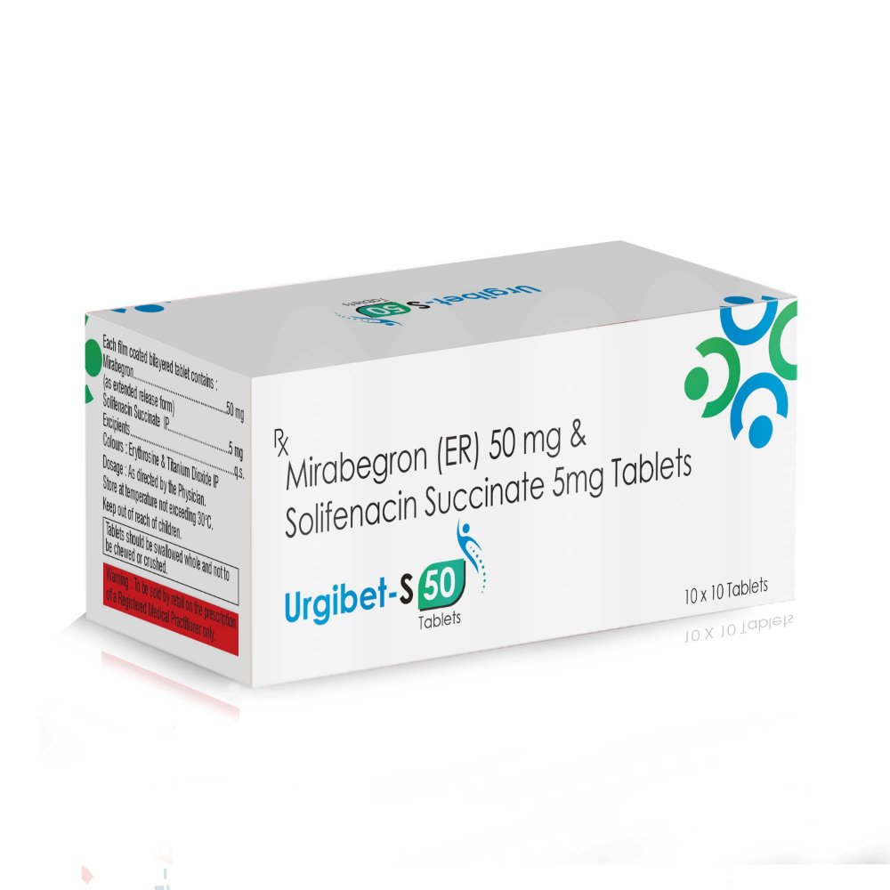 Mirabegron (ER) 50 mg & Solifenacin 5 mg Tablets – Urgibet-S, Compositions of Mirabegron (ER) 50 mg & Solifenacin 5 mg Tablets – Urgibet-S are Mirabegron 50mg + Solifenacin 5mg, Mirabegron (ER) 50 mg & Solifenacin 5 mg Tablets – Urgibet-S offered by CistaMedicorp