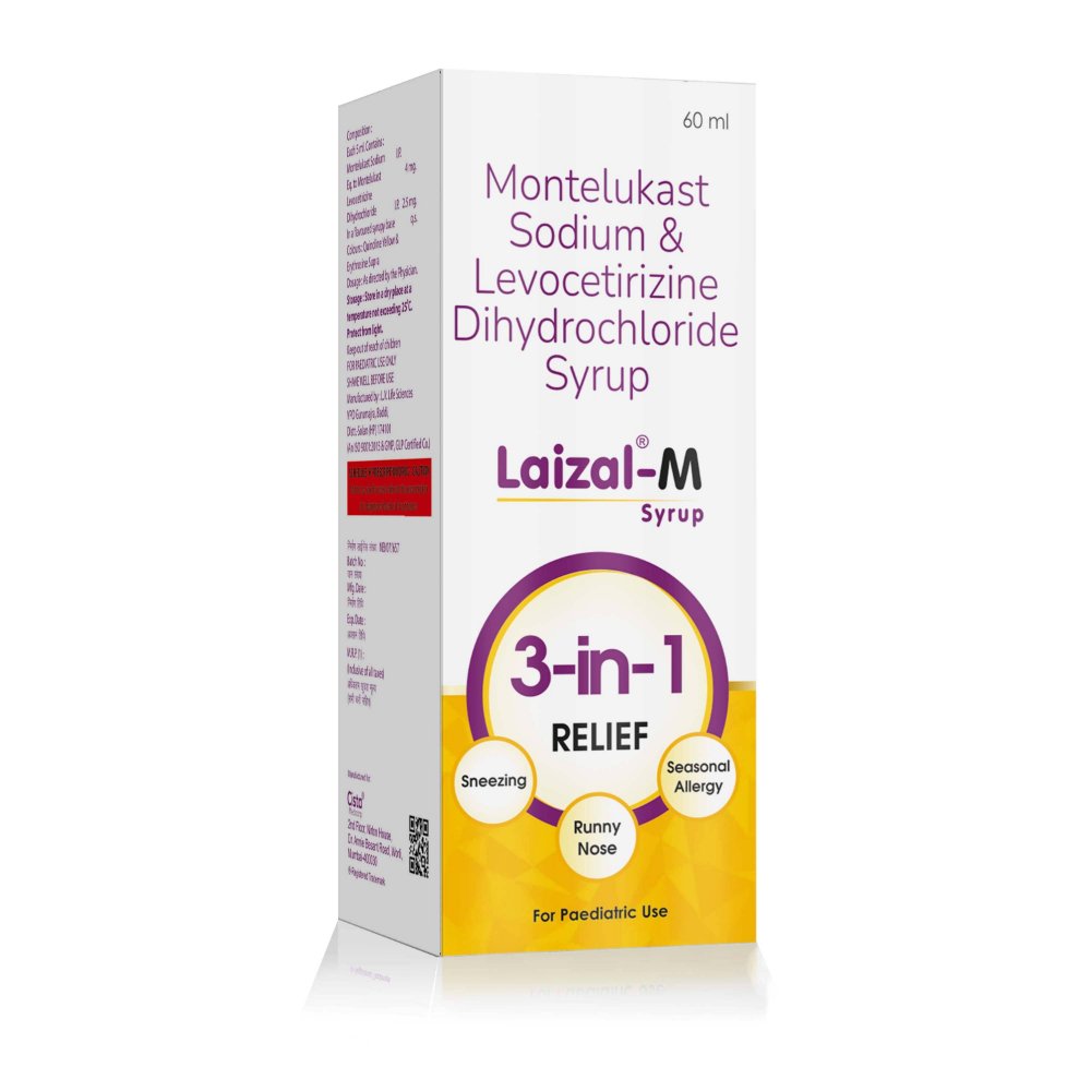 Montelukast Sodium & Levocetirizine Dihydrochloride Syrup – Laizal M Syrup, Compositions of Montelukast Sodium & Levocetirizine Dihydrochloride Syrup – Laizal M Syrup are Levocetirizine 2.5mg + Montelukast 4mg, Montelukast Sodium & Levocetirizine Dihydrochloride Syrup – Laizal M Syrup offered by CistaMedicorp