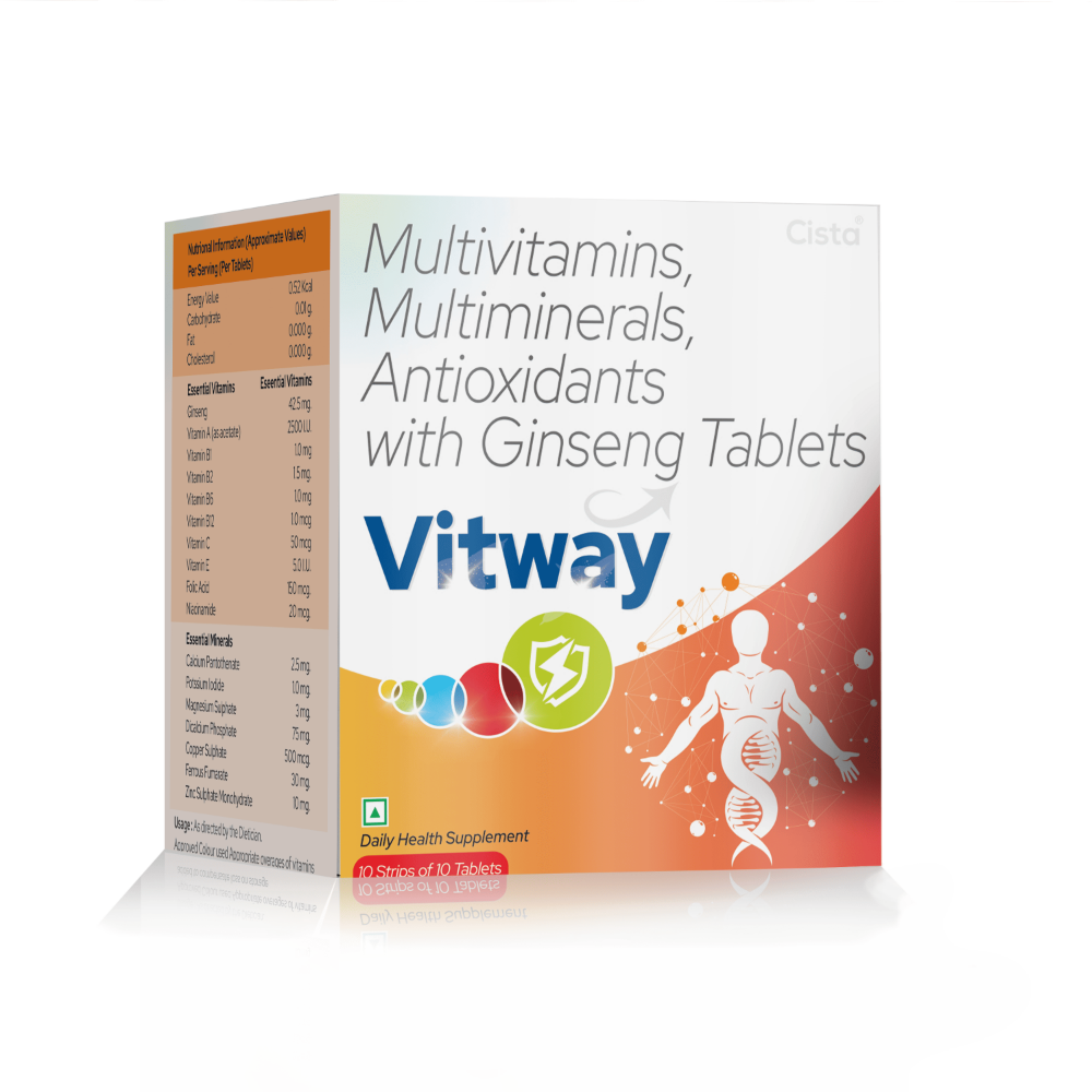 Multivitamin, Multimineral & Antioxidants with Ginseng Tablets – Vitway Tablets, Compositions of Multivitamin, Multimineral & Antioxidants with Ginseng Tablets – Vitway Tablets are Multivitamins ,Multimineral with  Ginseng caps, Multivitamin, Multimineral & Antioxidants with Ginseng Tablets – Vitway Tablets offered by CistaMedicorp