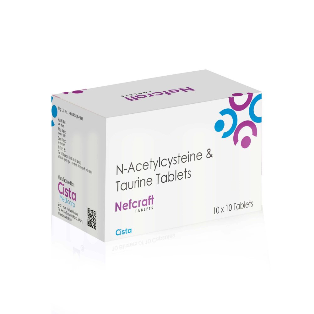 N-Acetylcysteine & Taurine Tablets – Nefcraft, Compositions of N-Acetylcysteine & Taurine Tablets – Nefcraft are N-Acetylcysteine U.S.P. 150mg Taurine U.S.P. . 500 mg, N-Acetylcysteine & Taurine Tablets – Nefcraft offered by CistaMedicorp