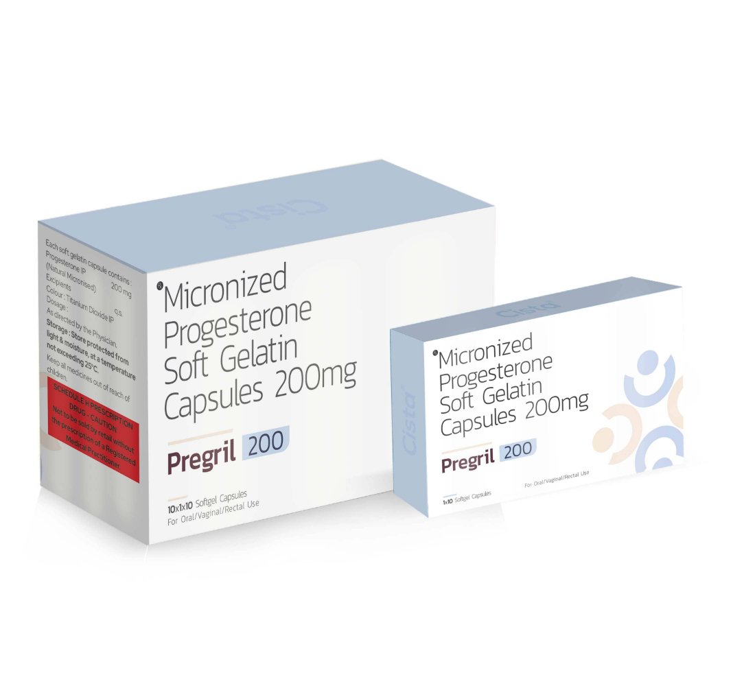 Natural Micronized Progesterone Soft Gelatin Capsules 200 Mg – Pregril 200, Compositions of Natural Micronized Progesterone Soft Gelatin Capsules 200 Mg – Pregril 200 are Natural Micronised Progesterone  200mg, Natural Micronized Progesterone Soft Gelatin Capsules 200 Mg – Pregril 200 offered by CistaMedicorp