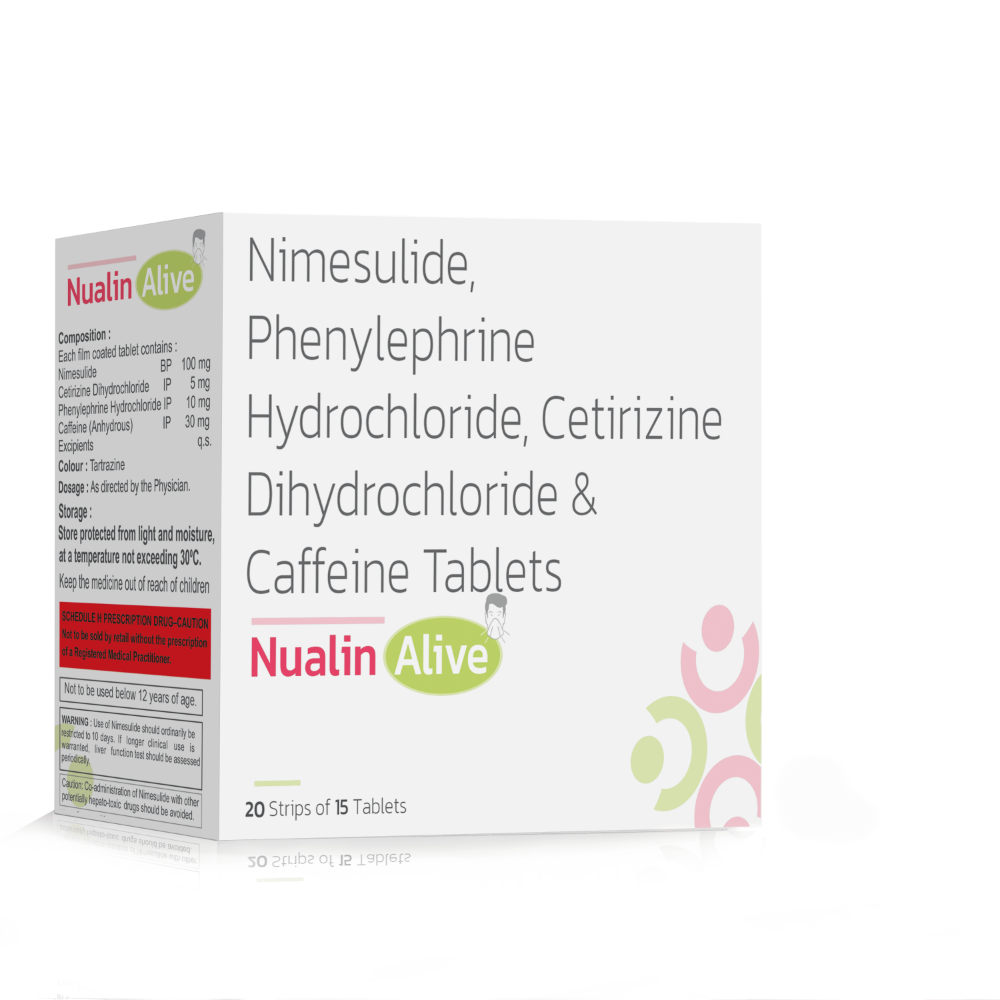 Nimesulide Phenylephrine Hydrochloride Cetirizine Dihydrochloride & Caffeine Tablets – Nualin Alive, Compositions of Nimesulide Phenylephrine Hydrochloride Cetirizine Dihydrochloride & Caffeine Tablets – Nualin Alive are Nimesulide 100mg + Cetrizine 10mg +  Phenylephrine HCL 5mg, Caffeine  Anhydrous 25mg., Nimesulide Phenylephrine Hydrochloride Cetirizine Dihydrochloride & Caffeine Tablets – Nualin Alive offered by CistaMedicorp