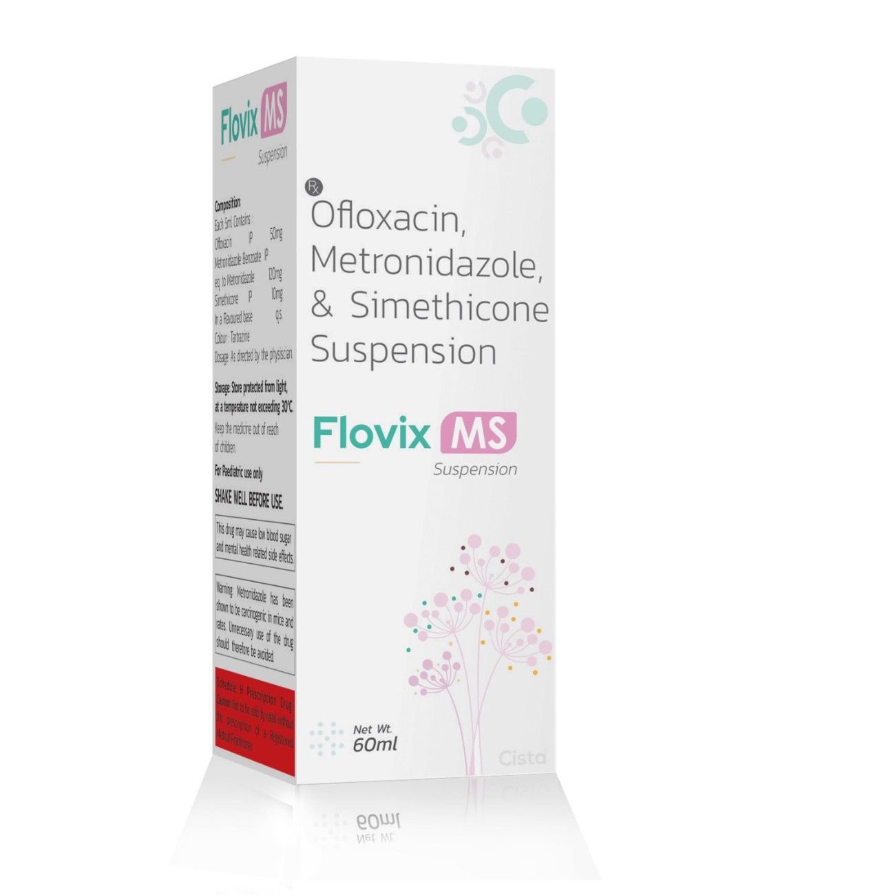 Ofloxacin, Metronidazole & Simethicone Suspension – Flovix MS, Compositions of Ofloxacin, Metronidazole & Simethicone Suspension – Flovix MS are Ofloxacin 50 mg + metronidazole 120  mg +simethicone 10 mg, Ofloxacin, Metronidazole & Simethicone Suspension – Flovix MS offered by CistaMedicorp