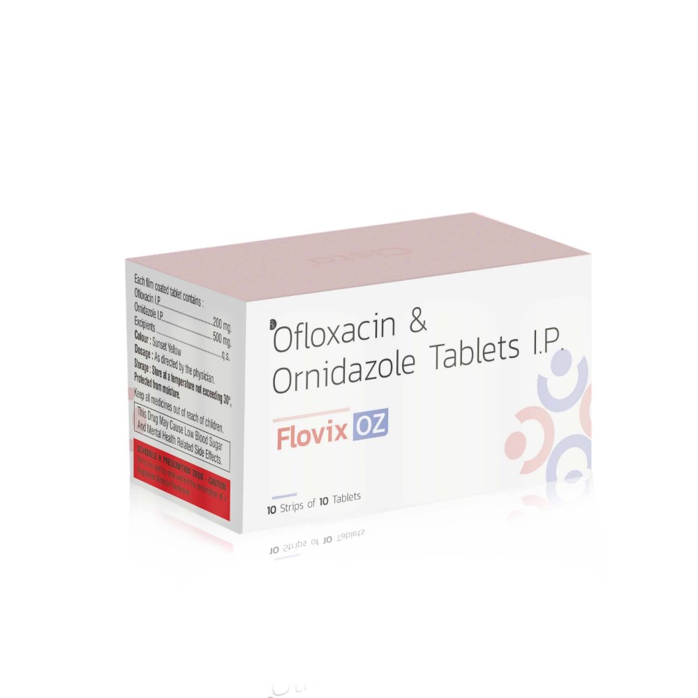 Ofloxacin & Ornidazole Tablets – Flovix OZ, Compositions of Ofloxacin & Ornidazole Tablets – Flovix OZ are Ofloxacin 200mg + Ornidazole 500mg, Ofloxacin & Ornidazole Tablets – Flovix OZ offered by CistaMedicorp