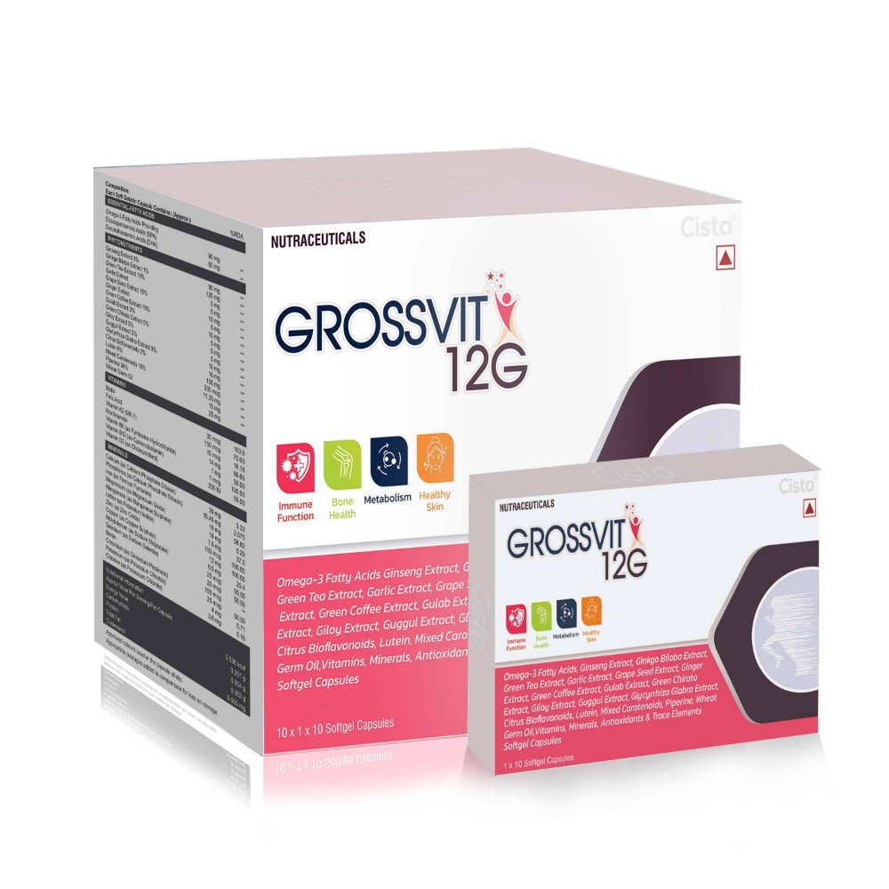 Omega 3-Fatty Acid, Green Tea Extract, Ginseng, Ginkgo Biloba, Grape Seed Extract, Multivitamins & Minerals Softgel Capsules – Grossvit 12G, Compositions of Omega 3-Fatty Acid, Green Tea Extract, Ginseng, Ginkgo Biloba, Grape Seed Extract, Multivitamins & Minerals Softgel Capsules – Grossvit 12G are Omega 3 fatty acid+Ecosapenta noic acid 90mg+Docosape ntanoic acid 60mg+Green Tea Extract 10mg+Ginseng 42.5mg+Gingko Biloba 10mg+Grape seed extract 15mg+Lactic  acid bacillus 500  lacs+Citrus Bioflavonoids (8mg) 20mg Natural Mixed Carotenoids 10% 11.33  mg+Vitamin D3 200 iu+Wheat Germ Oil(in powder form) 25mg+Menadio ne Bisulphate (Vitamin K 25mg) 10mcg Benfotiamine 1.5mg+Vitamin B6 1mg+Vitamin B12  1mg+Niacinami de 20mg+Calcium ascorbate 45mg+Folic Acid 150mcg+D- Biotin 100mcg+Choline Bitartrate 25mg Lutien 250mcg+Dibasic Calcium Phosphate Equ to elememental calcium 20mg+Equ to elemental phosphorus 15.45mg  Ferrous  fumarate 30mg+Zinc Oxide equ. to elemental zinc 15  mg+Potassium Iodide equ to elemental Iodine  150 mcg, Omega 3-Fatty Acid, Green Tea Extract, Ginseng, Ginkgo Biloba, Grape Seed Extract, Multivitamins & Minerals Softgel Capsules – Grossvit 12G offered by CistaMedicorp