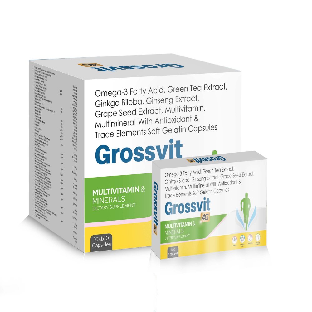 Omega 3-Fatty Acid, Green Tea Extract, Ginseng, Ginkgo Biloba, Grape Seed Extract, Multivitamins & Minerals Softgel Capsules – Grossvit (4G), Compositions of Omega 3-Fatty Acid, Green Tea Extract, Ginseng, Ginkgo Biloba, Grape Seed Extract, Multivitamins & Minerals Softgel Capsules – Grossvit (4G) are Omega 3-fatty acid, Green tea extract,  Ginkgo biloba, ginseng, grape seed  extract, antioxidants, vitamins and  minerals (4G), Omega 3-Fatty Acid, Green Tea Extract, Ginseng, Ginkgo Biloba, Grape Seed Extract, Multivitamins & Minerals Softgel Capsules – Grossvit (4G) offered by CistaMedicorp