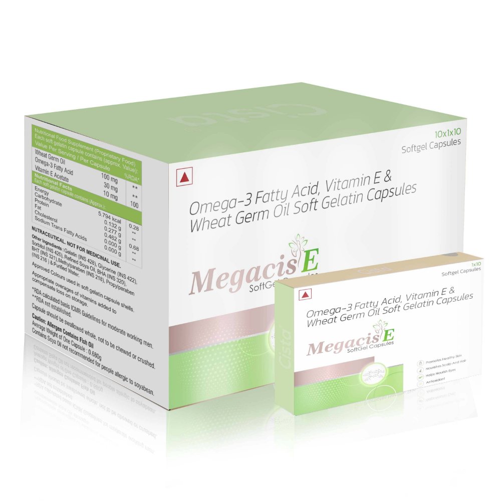 Omega 3 Fatty Acid Vitamin E & Wheat Germ Oil Soft Gelatin Capsules – Megacis E Softgel Capsules, Compositions of Omega 3 Fatty Acid Vitamin E & Wheat Germ Oil Soft Gelatin Capsules – Megacis E Softgel Capsules are Vitamin E , Omega 3, Fatty Acid & Wheat  Germ Oil, Omega 3 Fatty Acid Vitamin E & Wheat Germ Oil Soft Gelatin Capsules – Megacis E Softgel Capsules offered by CistaMedicorp