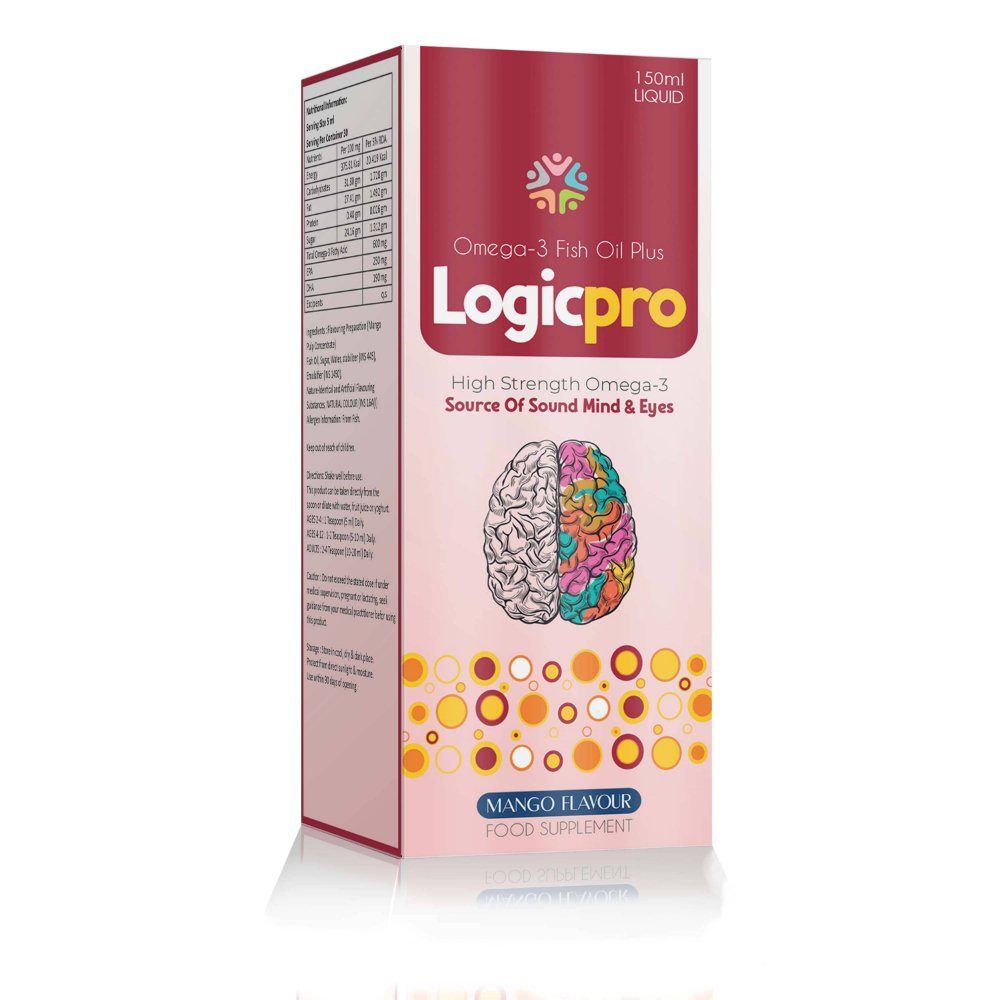 Omega 3 Fish Oil Plus – LOGICPRO Syrups, Compositions of Omega 3 Fish Oil Plus – LOGICPRO Syrups are Omega 3 fatty acid 600 mg, EPA 250 mg, DHA 190 mg Excipients q.s (Mango Flavour) (Glass Bottle), Omega 3 Fish Oil Plus – LOGICPRO Syrups offered by CistaMedicorp