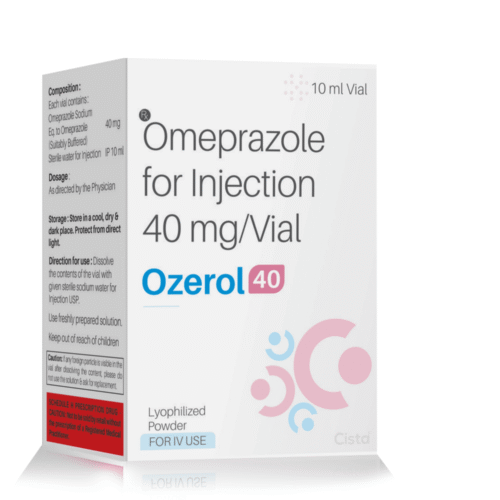Omeprazole For Injection 40 Mg – OZEROL 40, Compositions of Omeprazole For Injection 40 Mg – OZEROL 40 are Omeprazole 40mg Inj, Omeprazole For Injection 40 Mg – OZEROL 40 offered by Cista Medicorp