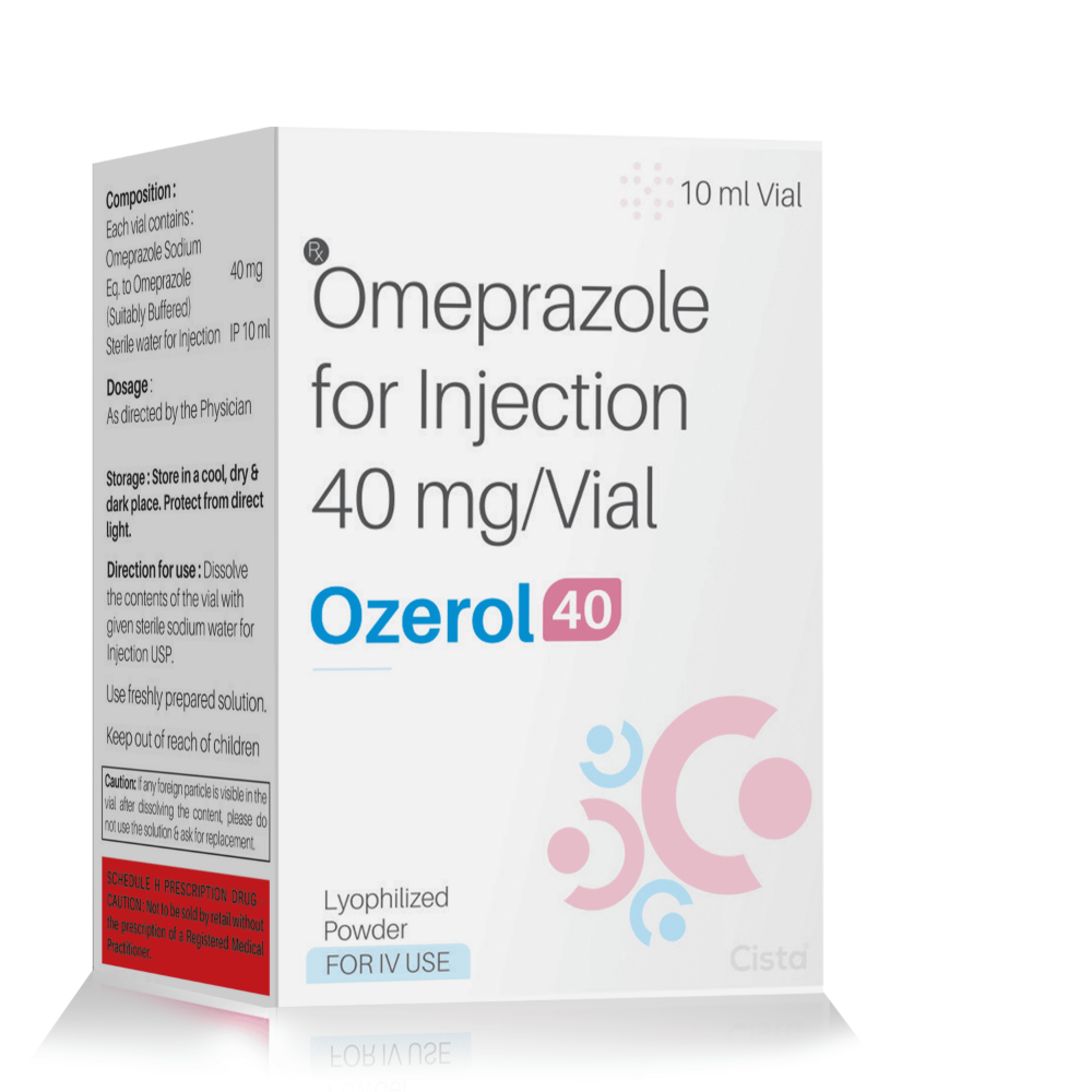 Omeprazole For Injection 40 Mg – OZEROL 40, Compositions of Omeprazole For Injection 40 Mg – OZEROL 40 are Omeprazole 40mg Inj, Omeprazole For Injection 40 Mg – OZEROL 40 offered by CistaMedicorp