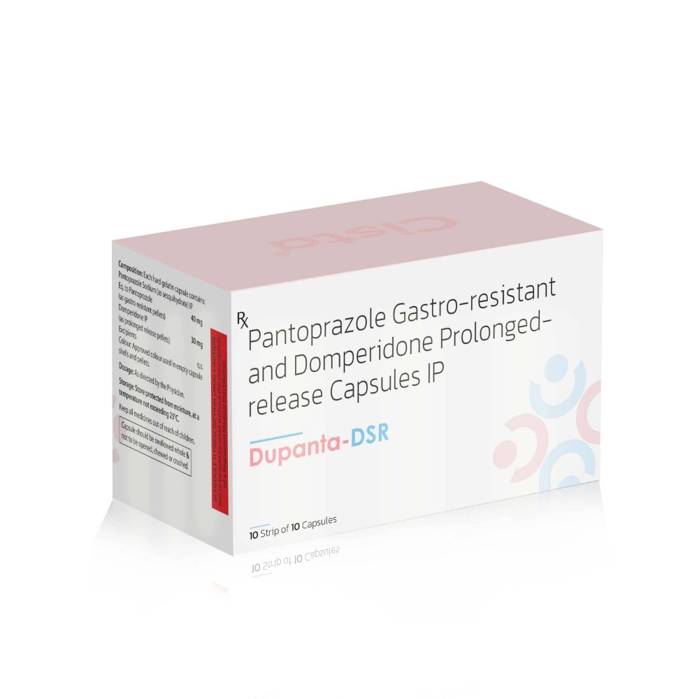 Pantoprazole Gastro Resistant & Domperidone Prolonged Release Capsules IP – Dupanta DSR, Compositions of Pantoprazole Gastro Resistant & Domperidone Prolonged Release Capsules IP – Dupanta DSR are Pantoprazole 40 MG + Domperidone 30 MG (10mg intant release+ 20mg Prolonged release), Pantoprazole Gastro Resistant & Domperidone Prolonged Release Capsules IP – Dupanta DSR offered by CistaMedicorp
