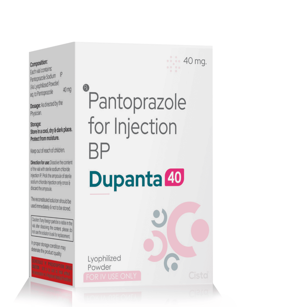 Pantoprazole for Injection BP 40 Mg – Dupanta 40 Injection, Compositions of Pantoprazole for Injection BP 40 Mg – Dupanta 40 Injection are Pantoprazole 40mg Inj, Pantoprazole for Injection BP 40 Mg – Dupanta 40 Injection offered by CistaMedicorp